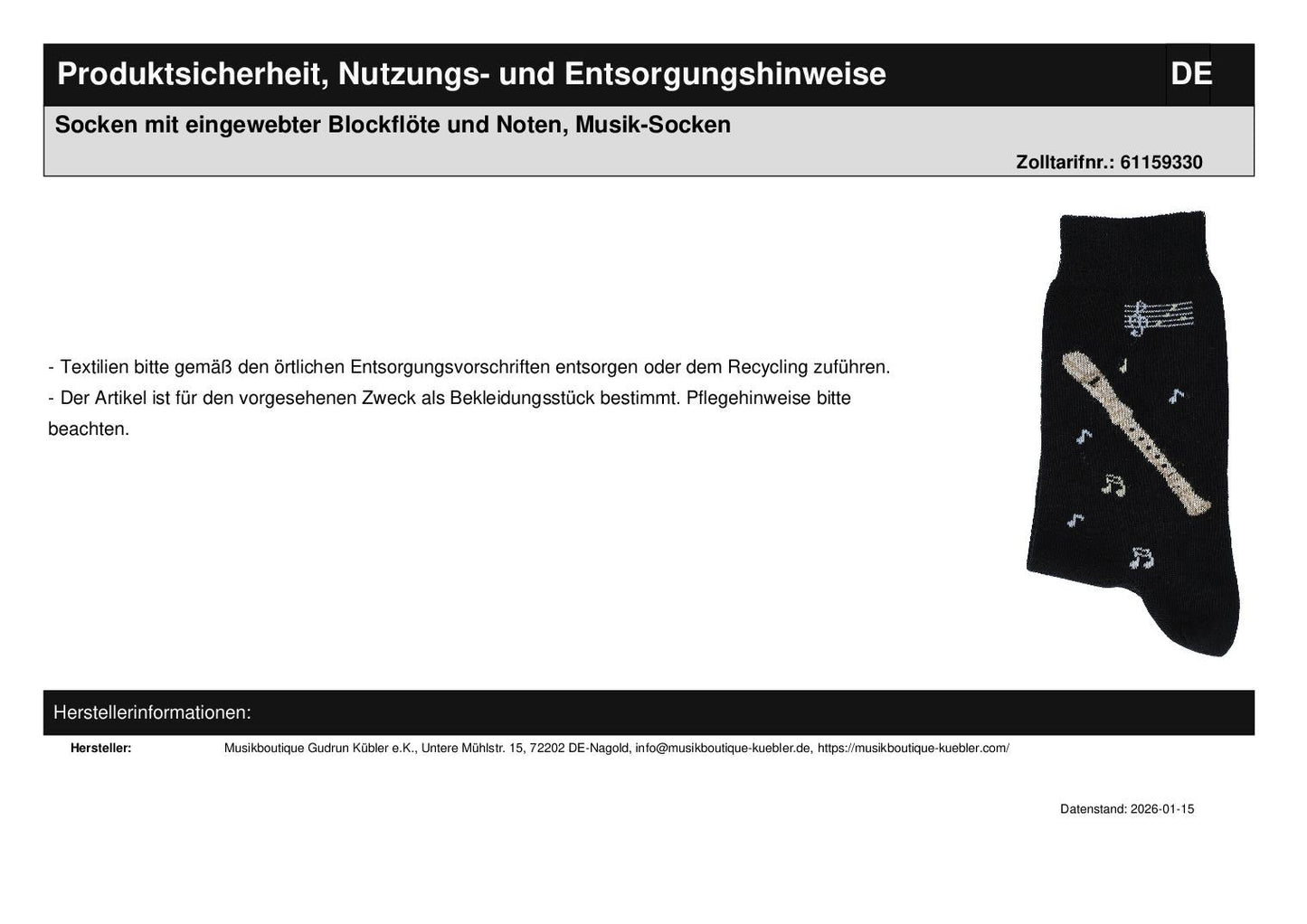 Socks with woven recorder and notes, music socks