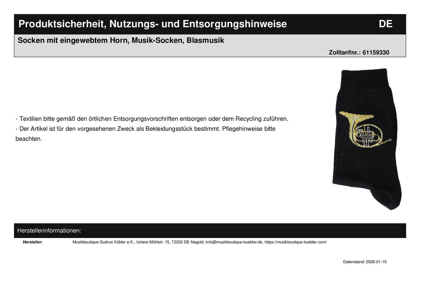 Socks with woven horn, music socks, brass music