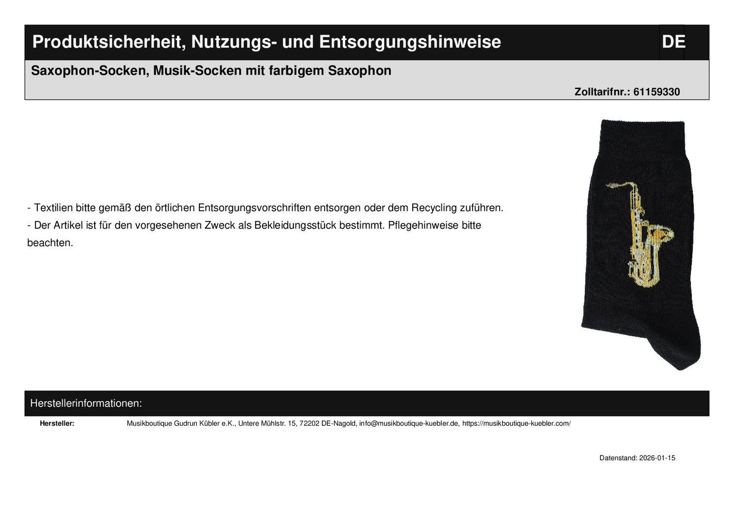 Saxophon-Socken, Musik-Socken mit farbigem Saxophon