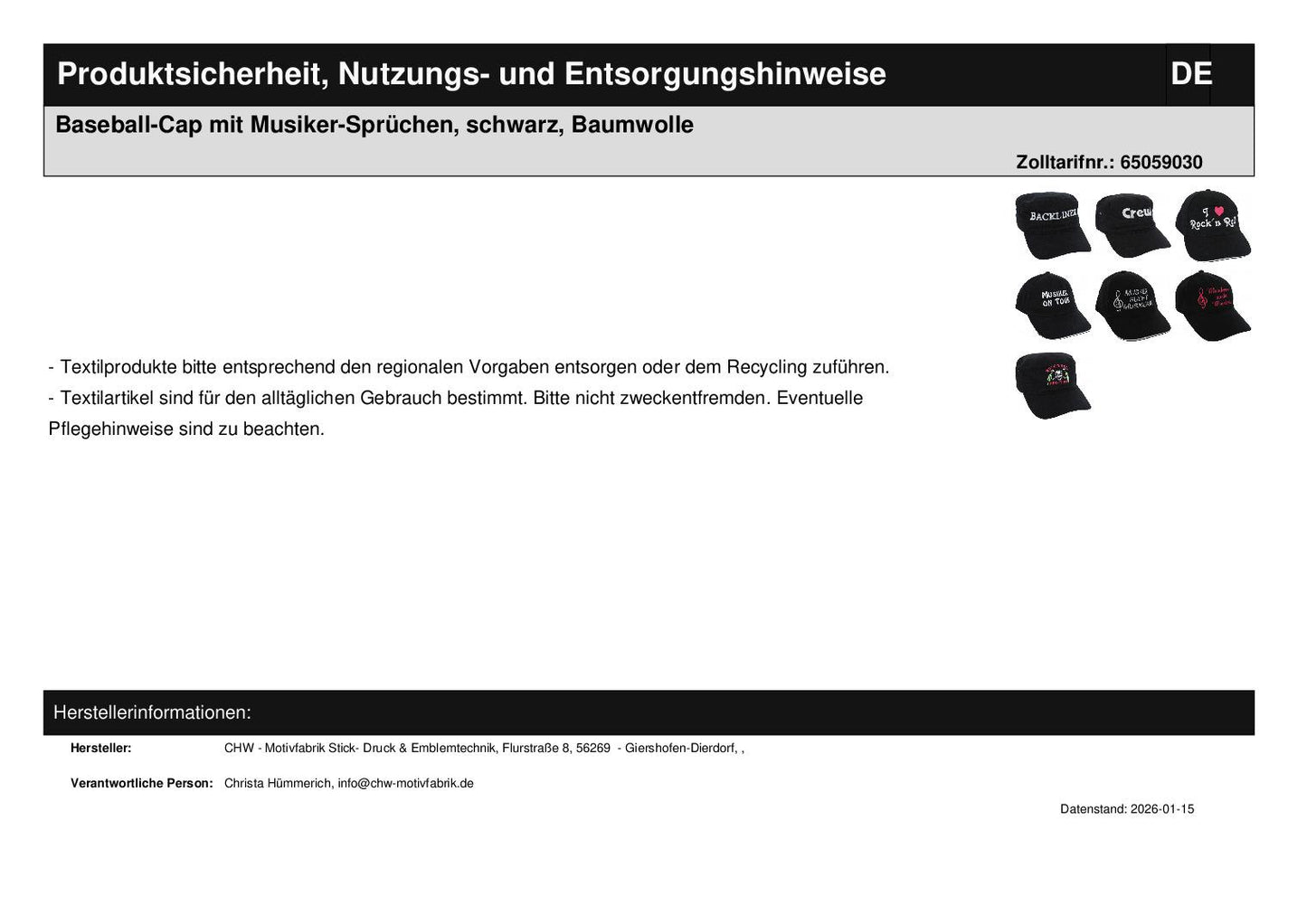 Baseball-Cap mit Musiker-Sprüchen, schwarz, Baumwolle