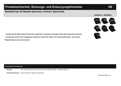 Baseball-Cap mit Musiker-Sprüchen, schwarz, Baumwolle