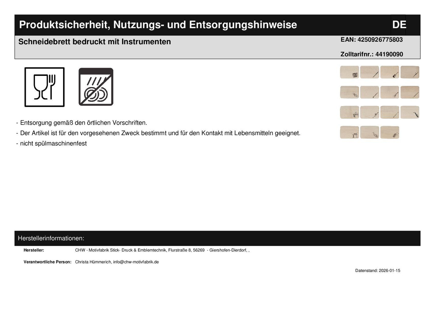 Schneidebrett bedruckt mit Instrumenten