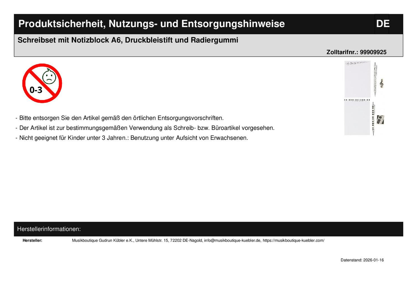 Schreibset mit Notizblock A6, Druckbleistift und Radiergummi