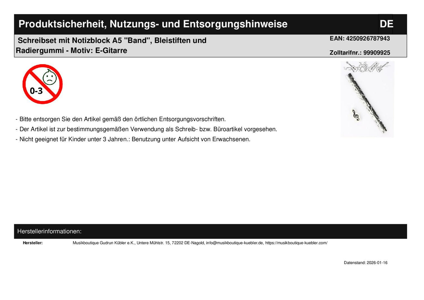 Schreibset mit Notizblock A5 "Band", Bleistiften und Radiergummi