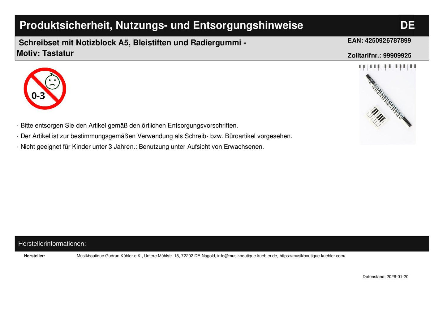 Schreibset mit Notizblock A5, Bleistiften und Radiergummi
