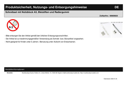 Schreibset mit Notizblock A5, Bleistiften und Radiergummi