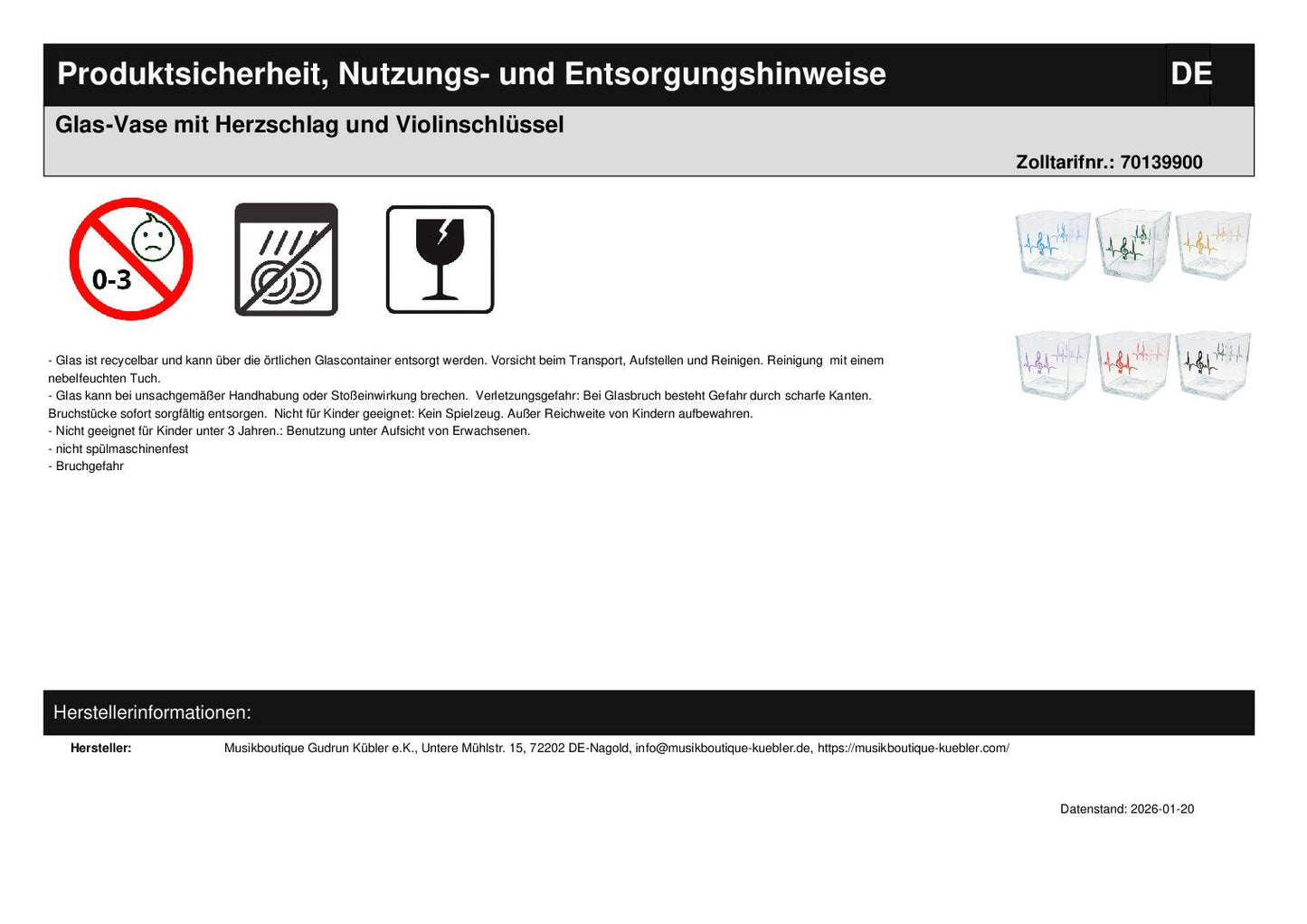 Glas-Vase mit Herzschlag und Violinschlüssel