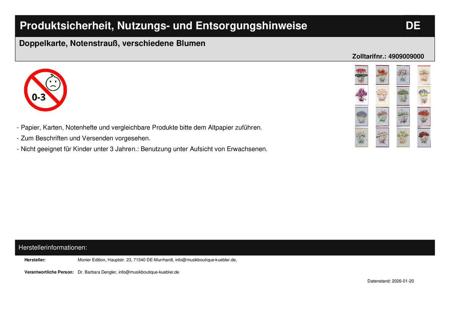 Double card, bouquet of notes, various flowers