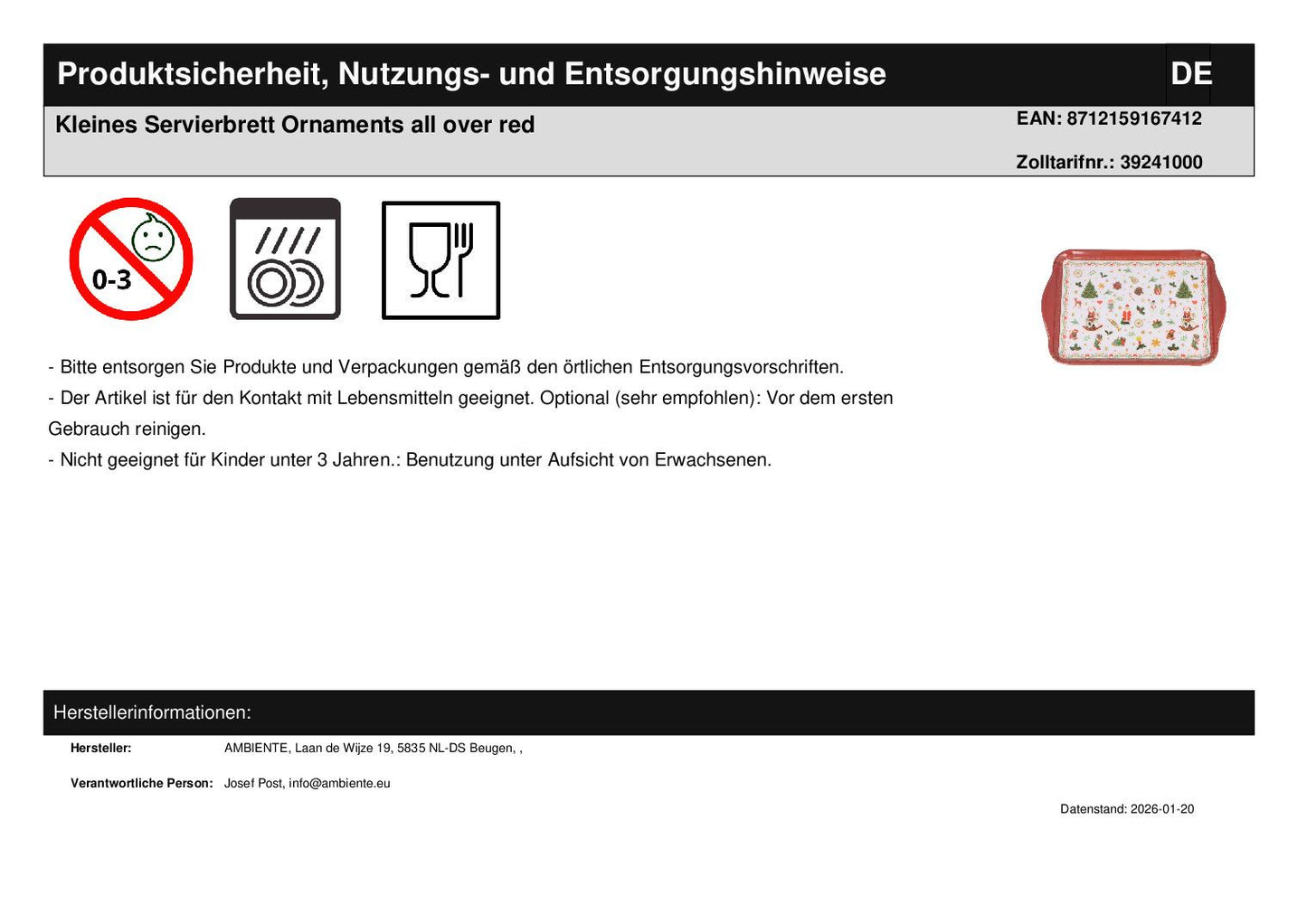 Kleines Servierbrett Ornaments all over red