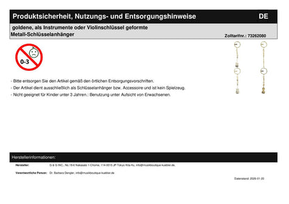 golden metal keychains shaped as instruments or treble clefs