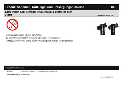 Composer ballpoint pen in gift box, Beethoven or Mozart