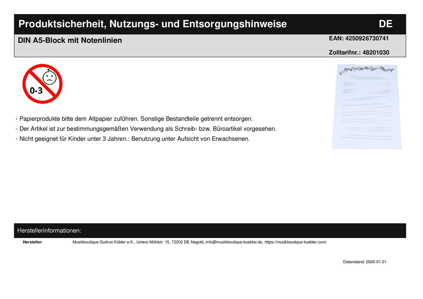 DIN A5 pad with music lines