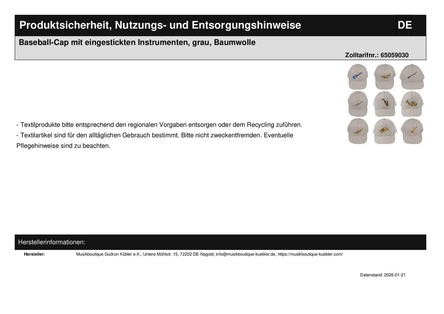 Baseball-Cap mit eingestickten Instrumenten, grau, Baumwolle