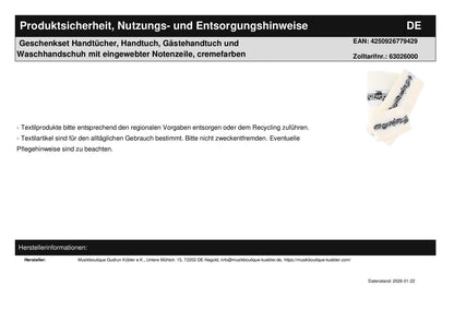 Geschenkset Handtücher, Handtuch, Gästehandtuch und Waschhandschuh mit eingewebter Notenzeile, cremefarben