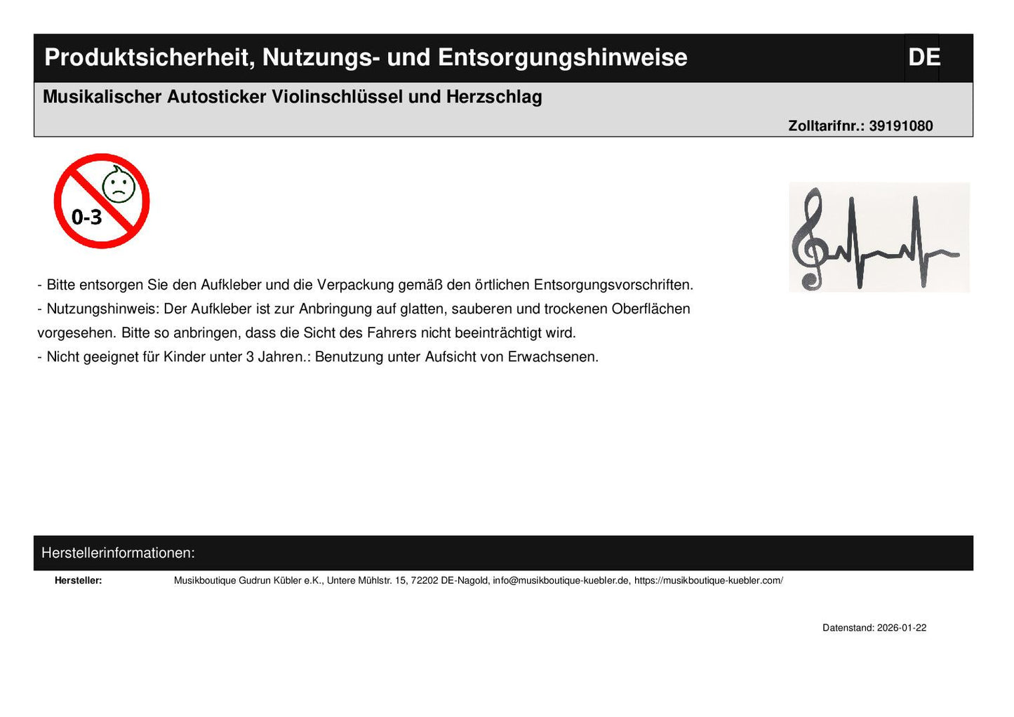 Musikalischer Autosticker Violinschlüssel und Herzschlag