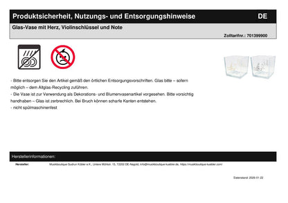Glas-Vase mit Herz, Violinschlüssel und Note