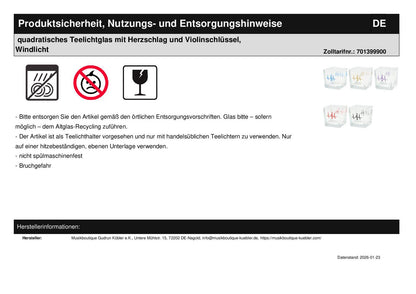 quadratisches Teelichtglas mit Herzschlag und Violinschlüssel, Windlicht