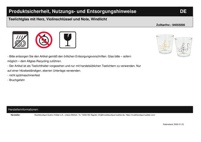 Teelichtglas mit Herz, Violinschlüssel und Note, Windlicht