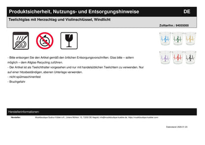 Teelichtglas mit Herzschlag und Violinschlüssel, Windlicht