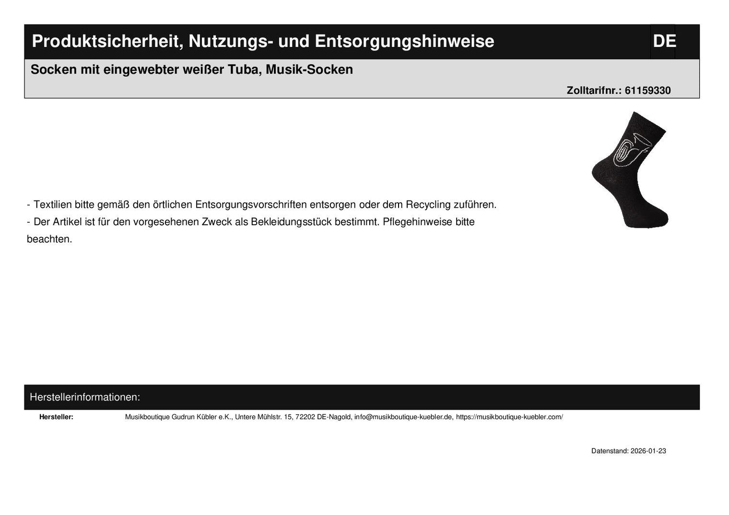 Socken mit eingewebter weißer Tuba, Musik-Socken