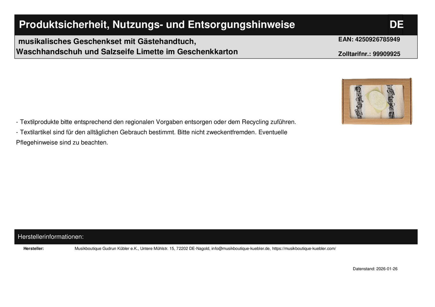 musikalisches Geschenkset mit Gästehandtuch, Waschhandschuh und Salzseife Limette im Geschenkkarton