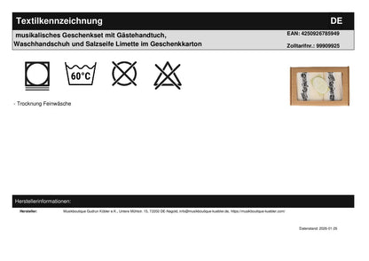 musikalisches Geschenkset mit Gästehandtuch, Waschhandschuh und Salzseife Limette im Geschenkkarton