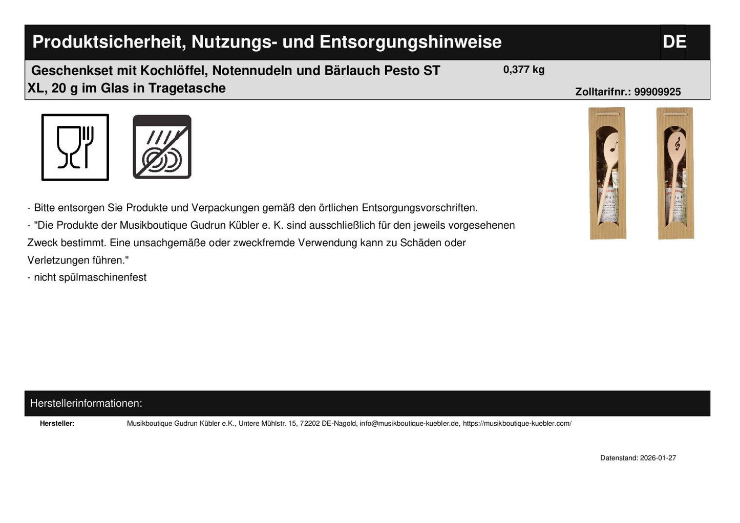 Geschenkset mit Kochlöffel, Notennudeln und Bärlauch Pesto ST XL, 20 g im Glas in Tragetasche