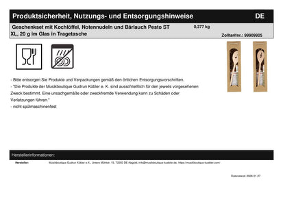 Geschenkset mit Kochlöffel, Notennudeln und Bärlauch Pesto ST XL, 20 g im Glas in Tragetasche