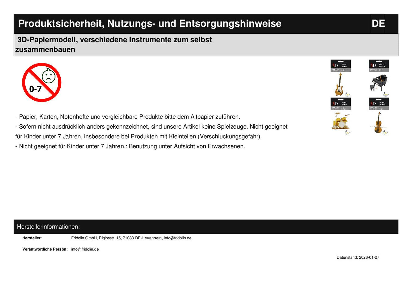 3D-Papiermodell, verschiedene Instrumente zum selbst zusammenbauen