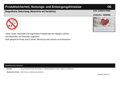 Doppelkarte Geburtstag (Notenlinie mit Herzblüte)