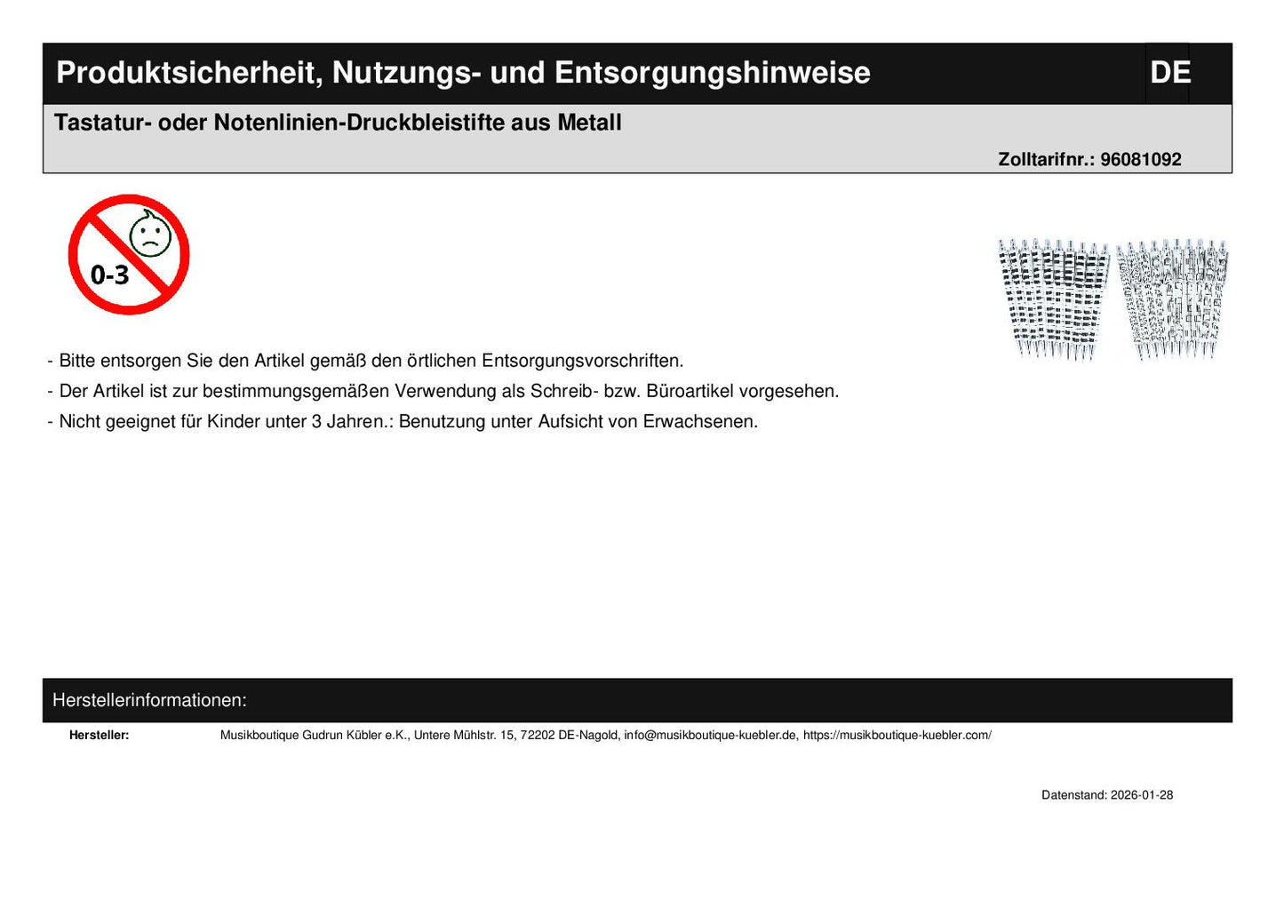 Tastatur- oder Notenlinien-Druckbleistifte aus Metall