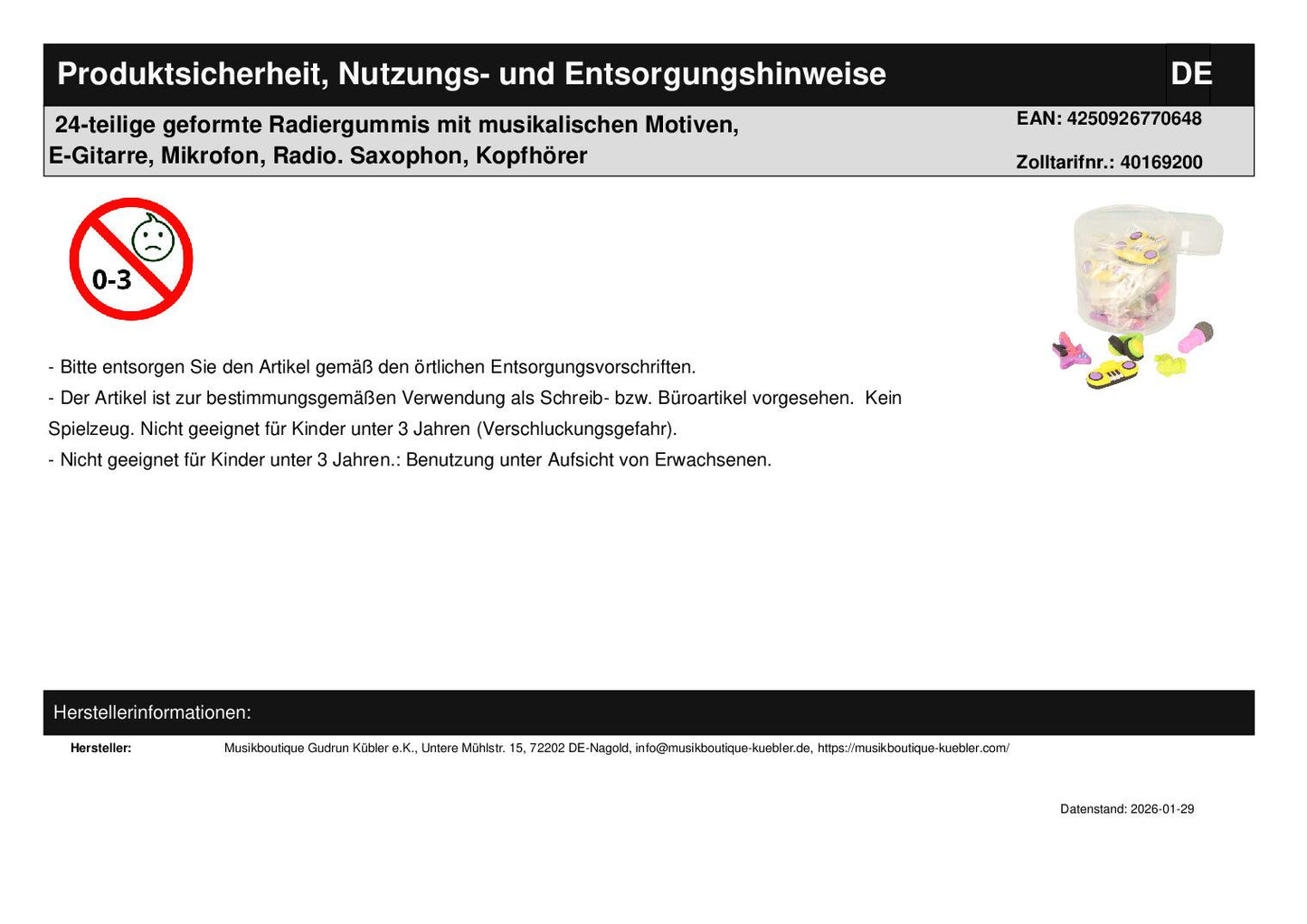 24-teilige geformte Radiergummis mit musikalischen Motiven, E-Gitarre, Mikrofon, Radio. Saxophon, Kopfhörer