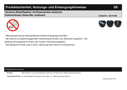 Herzform-Bleistiftspitzer mit Notenzeichen-Aufdruck, Violinschlüssel, Noten-Mix, Keyboard