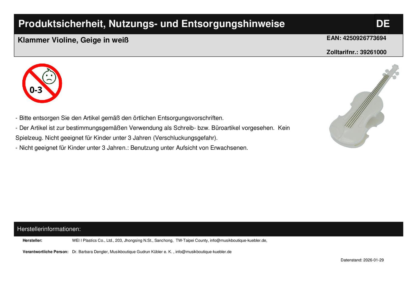 Klammer Violine, Geige in weiß