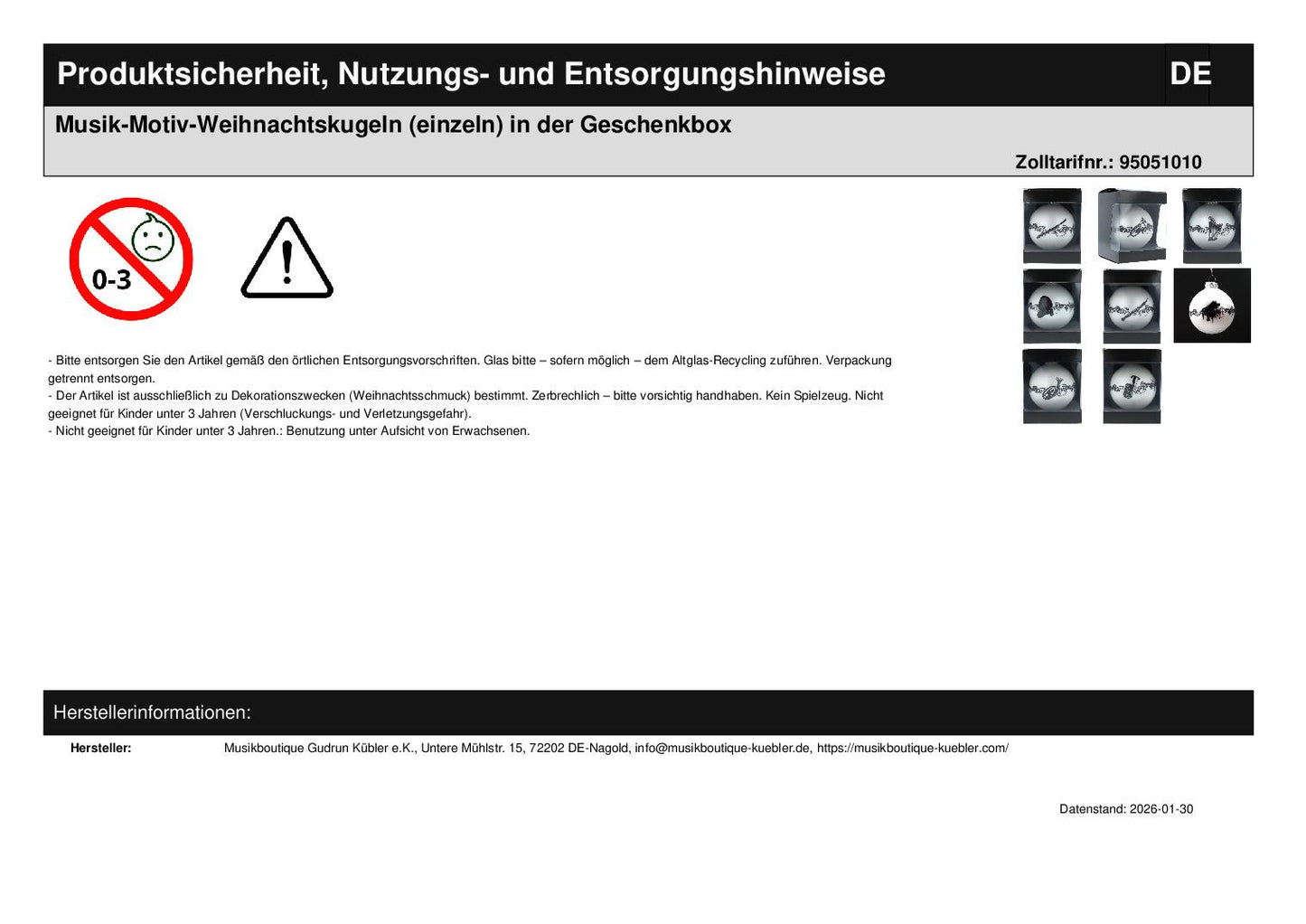 Musik-Motiv-Weihnachtskugeln (einzeln) in der Geschenkbox