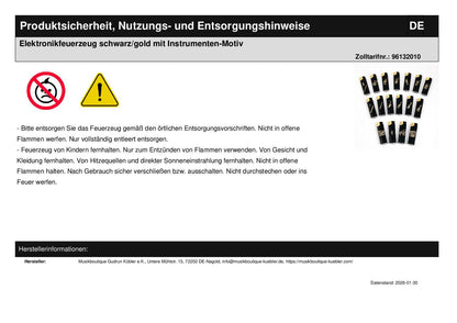 Elektronikfeuerzeug schwarz/gold mit Instrumenten-Motiv