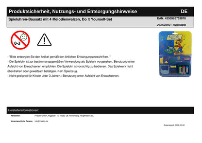 Spieluhren-Bausatz mit 4 Melodienwalzen, Do It Yourself-Set
