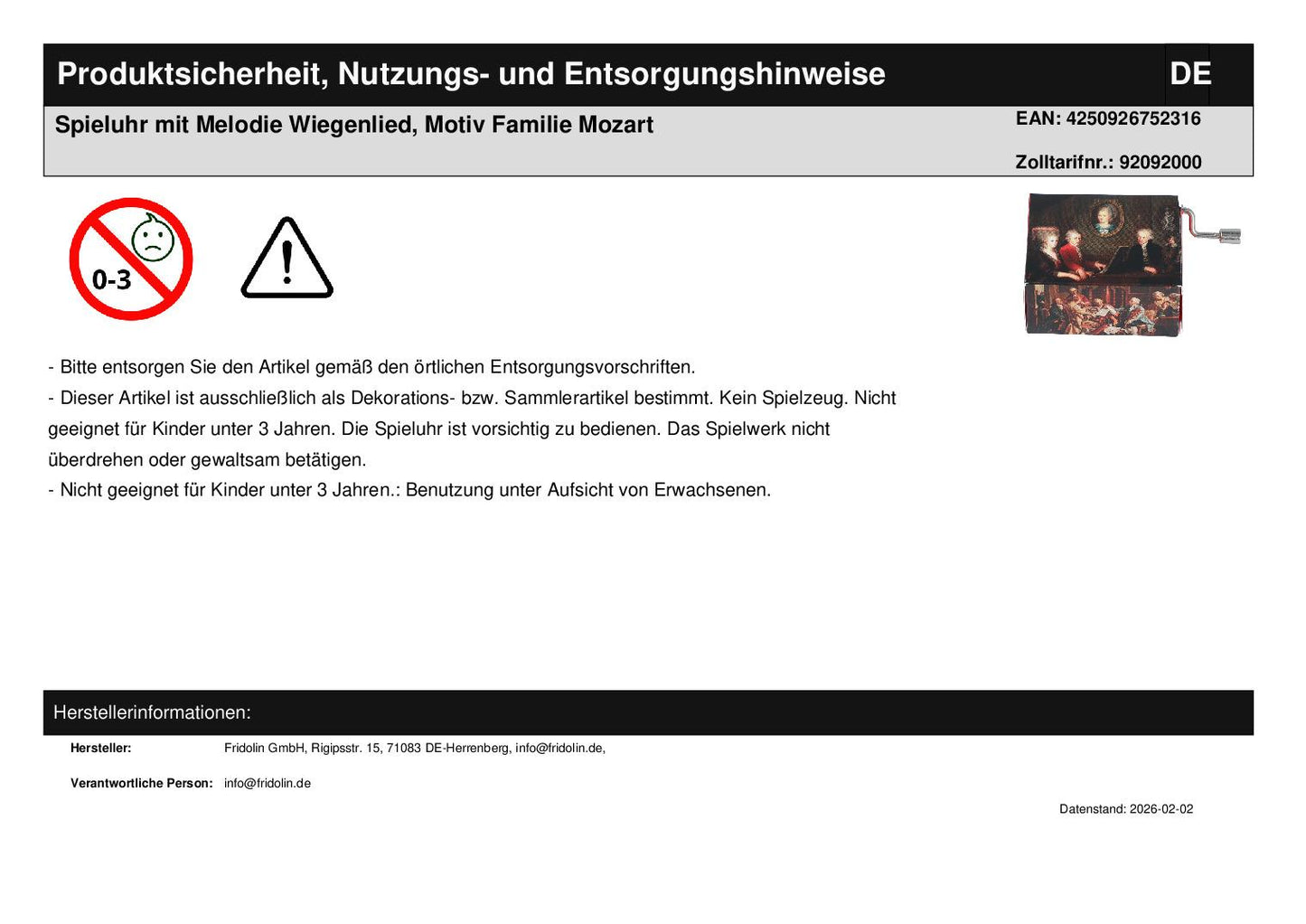 Music box with melody lullaby, motif Mozart family