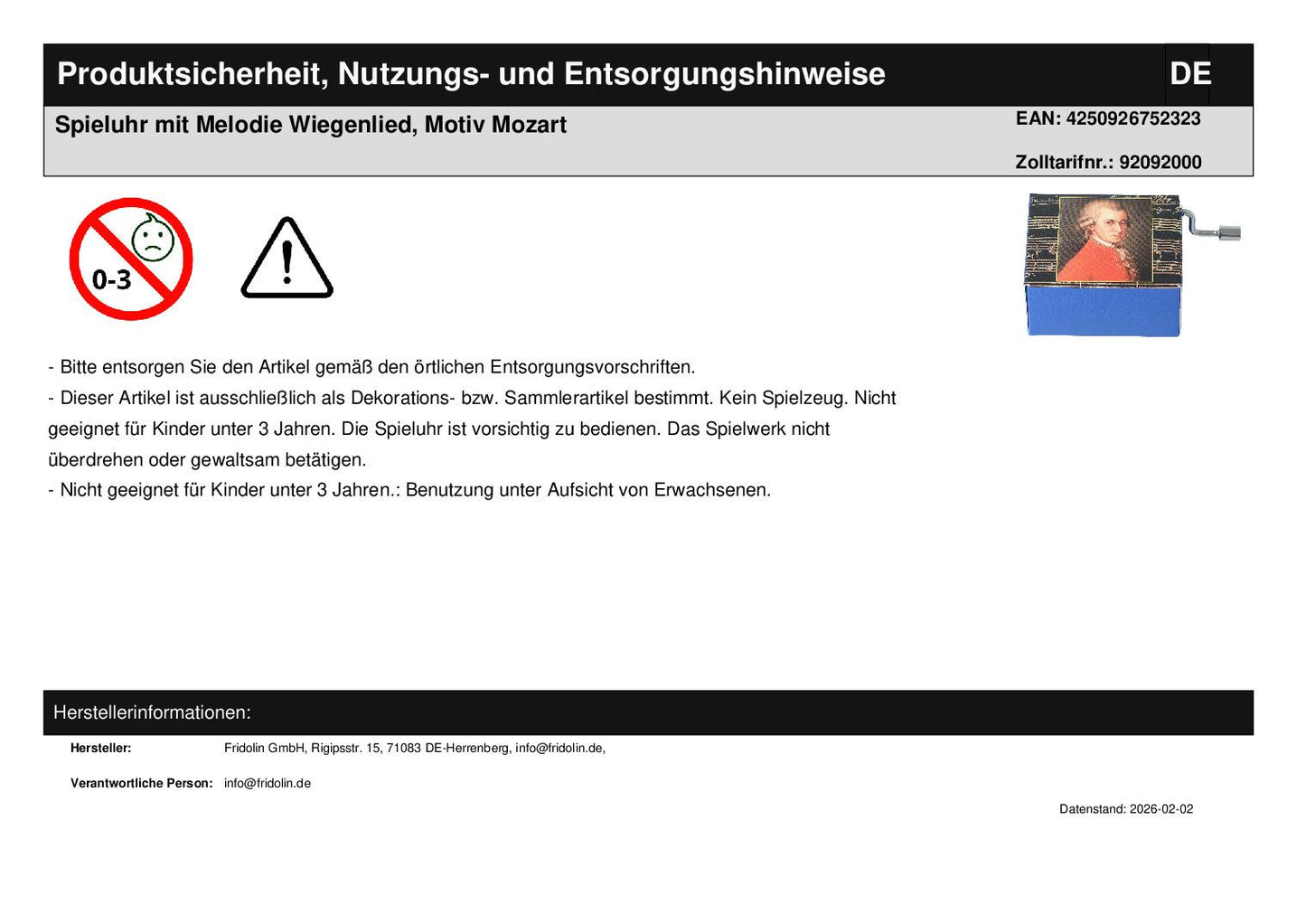 Music box with melody lullaby, motif Mozart