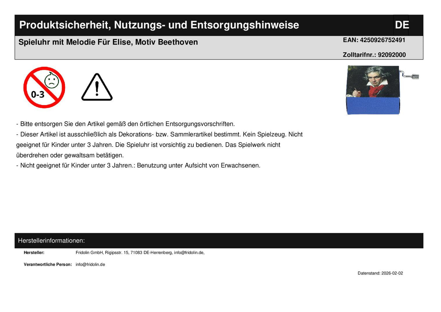 Music box with melody Für Elise, motif Beethoven