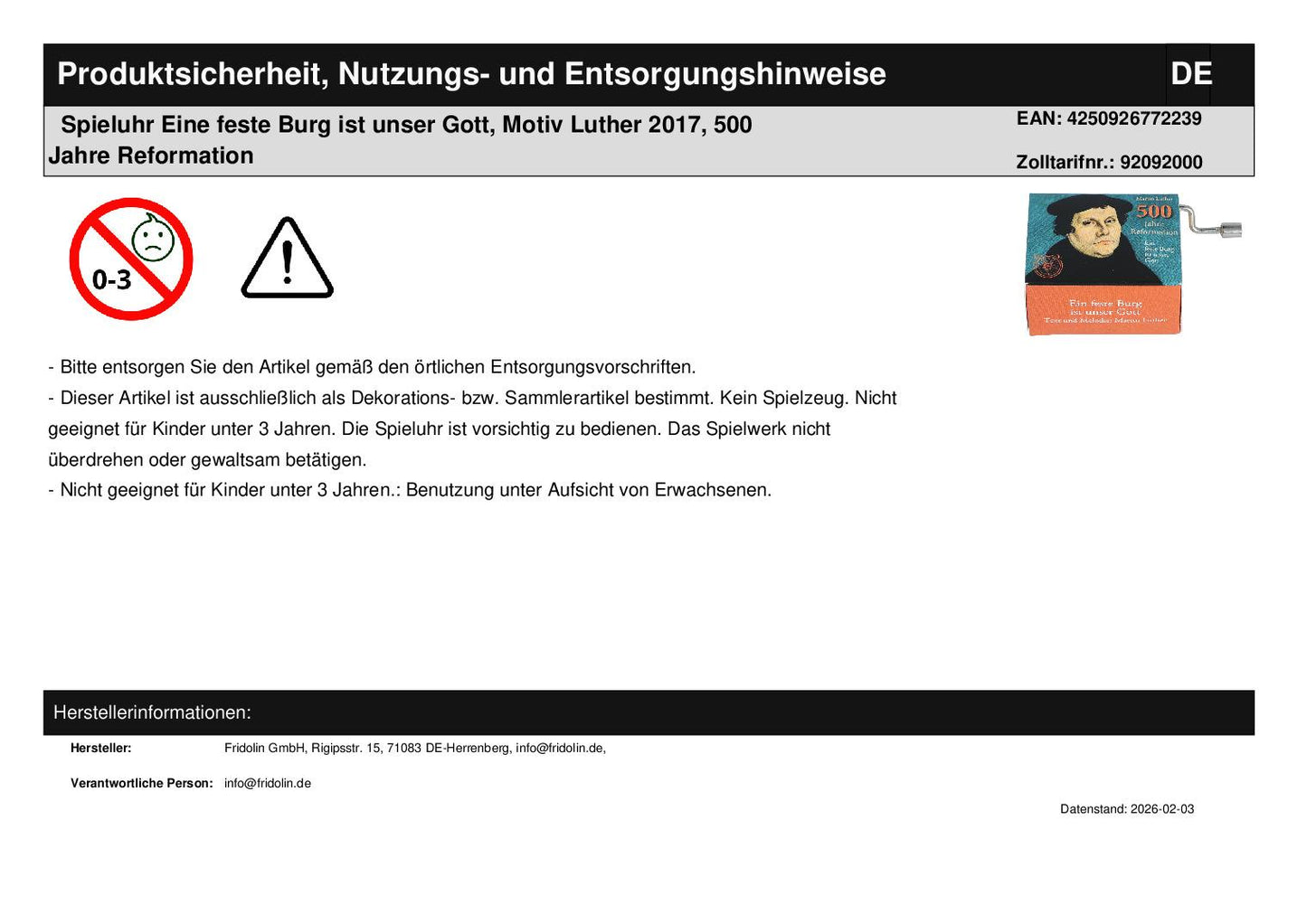 Spieluhr Eine feste Burg ist unser Gott, Motiv Luther 2017, 500 Jahre Reformation