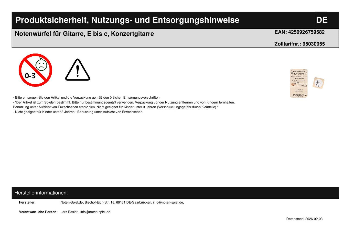 Notenwürfel für Gitarre, E bis c, Konzertgitarre
