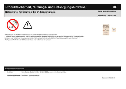 Notenwürfel für Gitarre, g bis d', Konzertgitarre