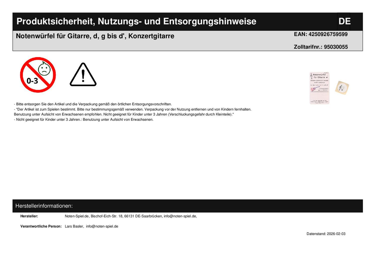 Notenwürfel für Gitarre, d, g bis d', Konzertgitarre