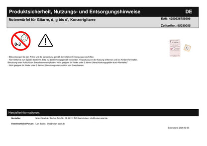Notenwürfel für Gitarre, d, g bis d', Konzertgitarre