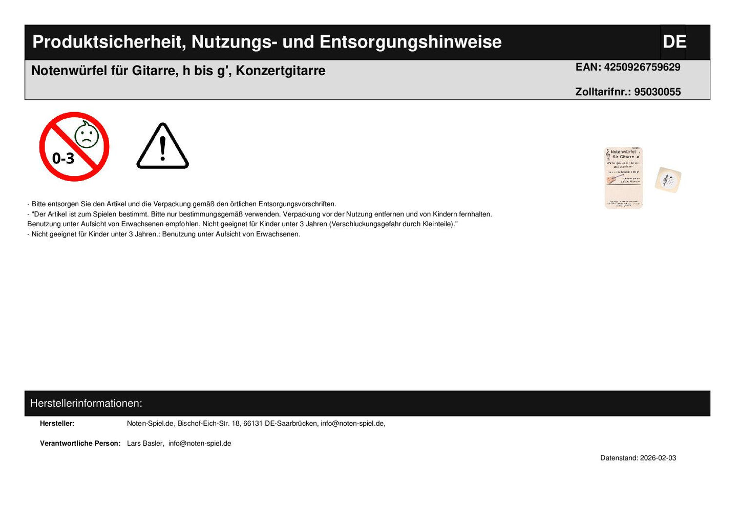 Notenwürfel für Gitarre, h bis g', Konzertgitarre