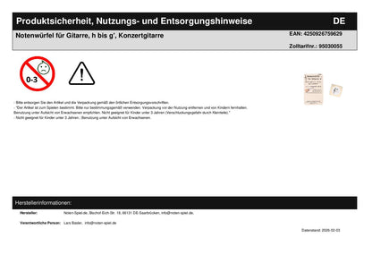 Notenwürfel für Gitarre, h bis g', Konzertgitarre