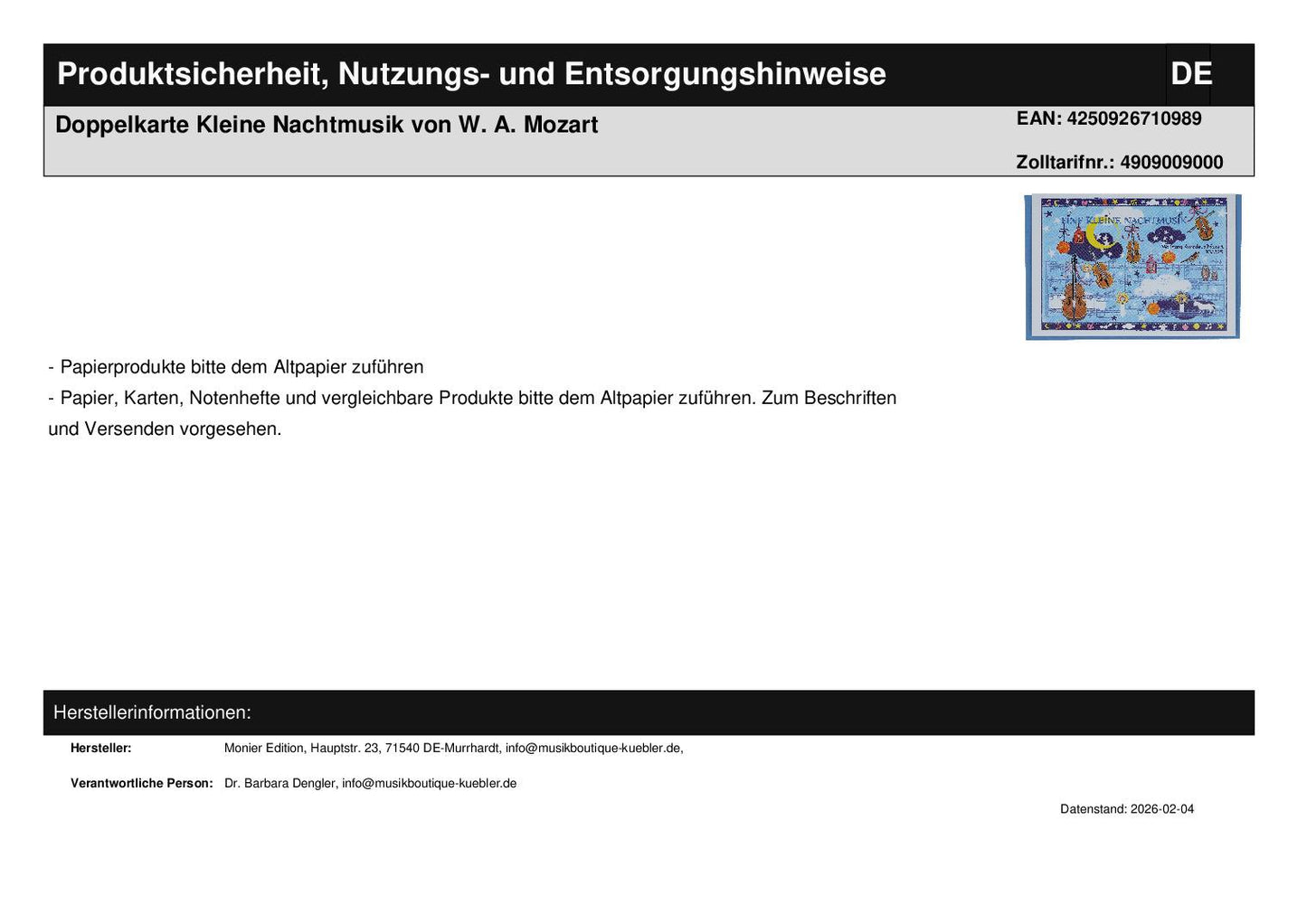 Double card Kleine Nachtmusik by WA Mozart