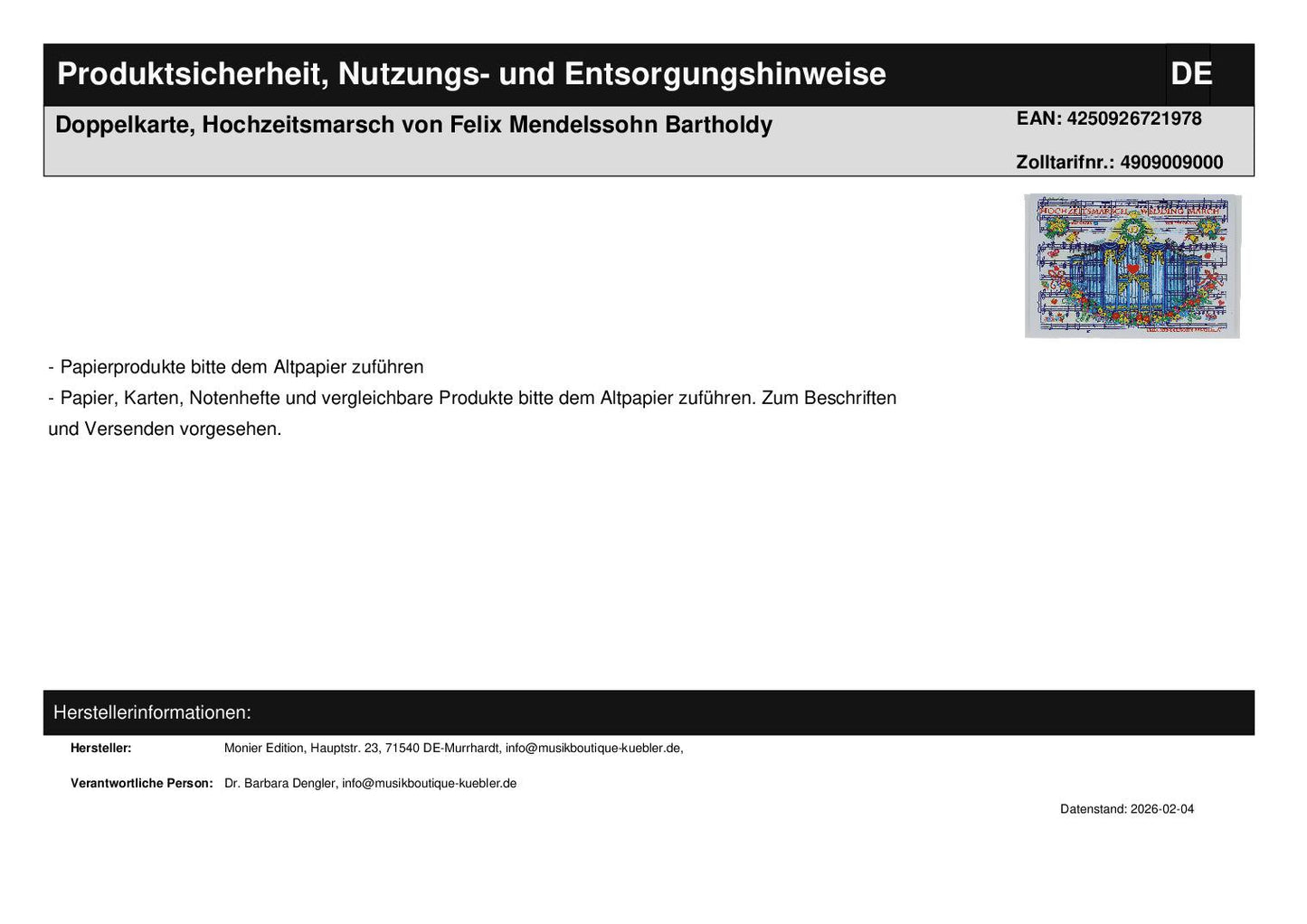 Double card, Wedding March by Felix Mendelssohn Bartholdy