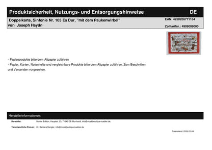 Double card, Symphony No. 103 in E flat major, "with the timpani roll" by Joseph Haydn